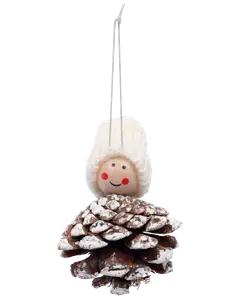 Juldekoration med leende dockansikte, vit mössa, fäst vid en snöprydd kotte och silverfärgad upphängningsögla för enkel dekoration.