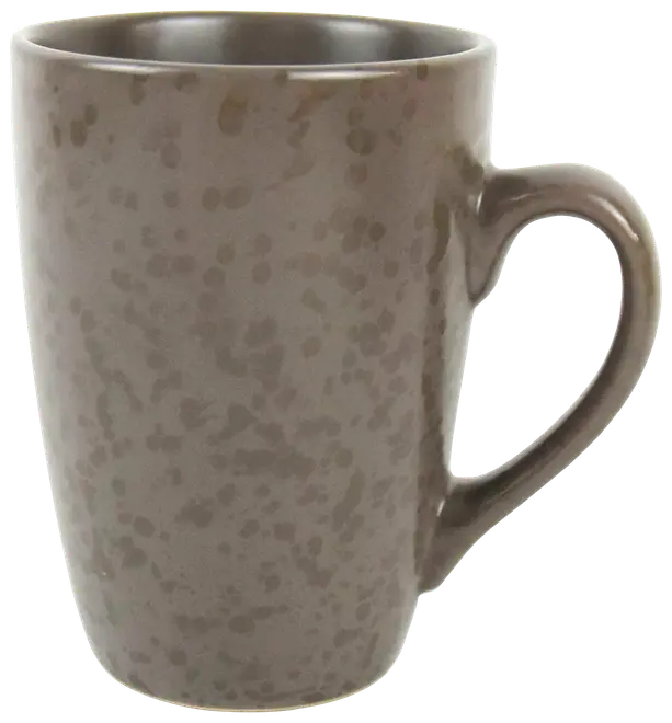 Høj keramikkop med stort håndtag, lysebrun farve og diskret plettet mønster. Glat finish, perfekt til varme drikke som kaffe eller te. Moderne, minimalistisk design.