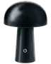 Sort bordlampe med mat finish, formet som en svamp. Har touch-strømknap på basen. Moderne, minimalistisk design, ideel til skrivebord eller natbord.