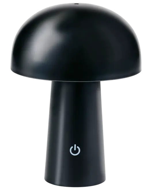 Sort bordlampe med mat finish, formet som en svamp. Har touch-strømknap på basen. Moderne, minimalistisk design, ideel til skrivebord eller natbord.