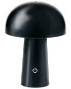 Sort bordlampe med mat finish, formet som en svamp. Har touch-strømknap på basen. Moderne, minimalistisk design, ideel til skrivebord eller natbord.