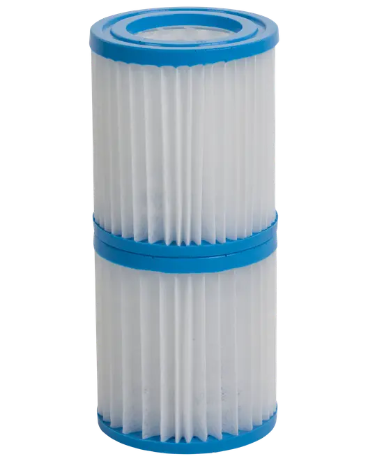 Cylindrisk poolfilterpatron med vikt vitt papper och blå plaständar, dubbelt staplad för ökad filtreringskapacitet, avsedd för pooler eller spabad.