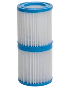 Cylindrisk poolfilterpatron med vikt vitt papper och blå plaständar, dubbelt staplad för ökad filtreringskapacitet, avsedd för pooler eller spabad.