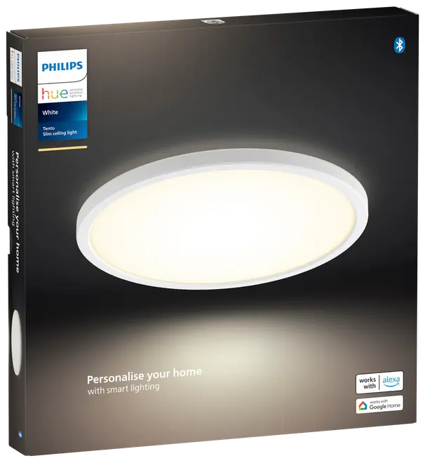 Philips Hue White Tento slankt loftlys, rund form, smart belysning, kompatibel med Alexa og Google Home, Bluetooth, moderne design, udsender blødt hvidt lys, nem installation.