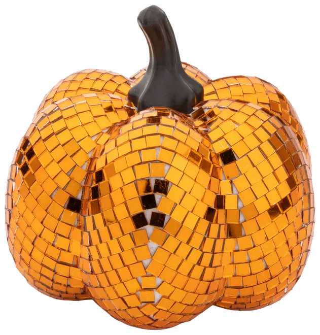 Dekorativ pumpa täckt med glansiga orange mosaikplattor och svart stjälk. Reflekterande yta ger glittrande effekt, perfekt för höst- eller Halloween-dekoration.