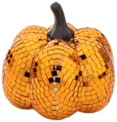 Dekorativ pumpa täckt med glansiga orange mosaikplattor och svart stjälk. Reflekterande yta ger glittrande effekt, perfekt för höst- eller Halloween-dekoration.