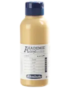 Flaska med Schmincke Akademie Acrylfärg, guld effekt, 250 ml, blå skruvlock och vit etikett med produktinformation på flera språk.