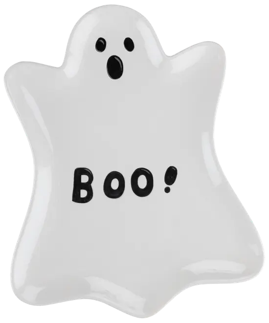 Vit keramikplatta formad som ett spöke, med svarta ansiktsdetaljer och texten "BOO!" i svarta bokstäver. Perfekt för Halloween-servering eller dekoration.