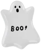 Vit keramikplatta formad som ett spöke, med svarta ansiktsdetaljer och texten "BOO!" i svarta bokstäver. Perfekt för Halloween-servering eller dekoration.