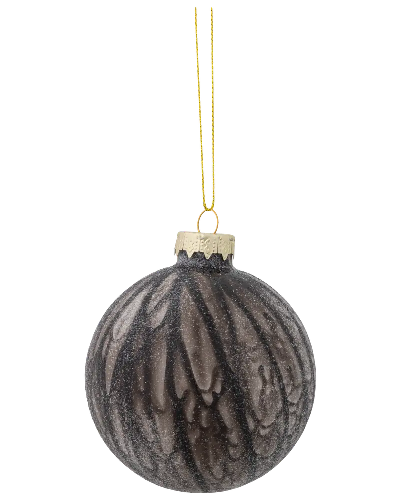 Rund svart julgranskula i glas med marmorerad, glittrig yta, guldfärgad topp och upphängningssnöre. Elegant och festlig dekoration för julgran eller säsong.