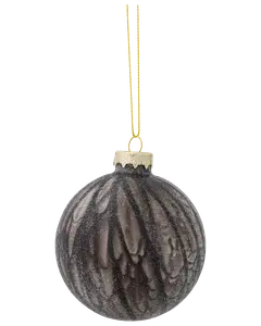 Rund svart julgranskula i glas med marmorerad, glittrig yta, guldfärgad topp och upphängningssnöre. Elegant och festlig dekoration för julgran eller säsong.