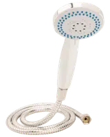 Handhållen dusch med kromad yta, flexibel metallslang och flera spraymunstycken. Blå gummispetsar för enkel rengöring och standardgängad anslutning.