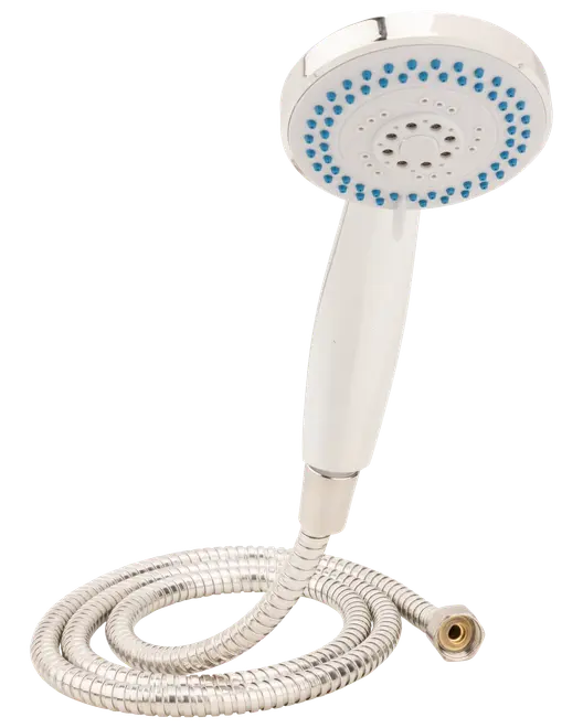Handhållen dusch med kromad yta, flexibel metallslang och flera spraymunstycken. Blå gummispetsar för enkel rengöring och standardgängad anslutning.