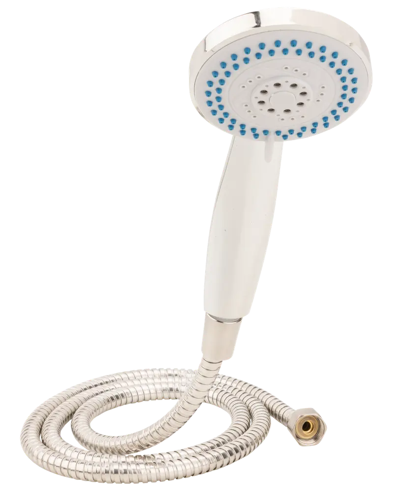 Handhållen dusch med kromad yta, flexibel metallslang och flera spraymunstycken. Blå gummispetsar för enkel rengöring och standardgängad anslutning.