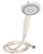 Handhållen dusch med kromad yta, flexibel metallslang och flera spraymunstycken. Blå gummispetsar för enkel rengöring och standardgängad anslutning.