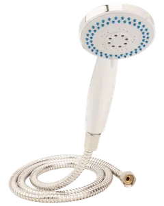 Handhållen dusch med kromad yta, flexibel metallslang och flera spraymunstycken. Blå gummispetsar för enkel rengöring och standardgängad anslutning.