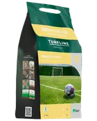 Turfline Perfect Pitch gräsfrö, limited edition med 20% extra. Bild på stadiongräs, instruktioner och bärhandtag. Räcker till 75-100 m².