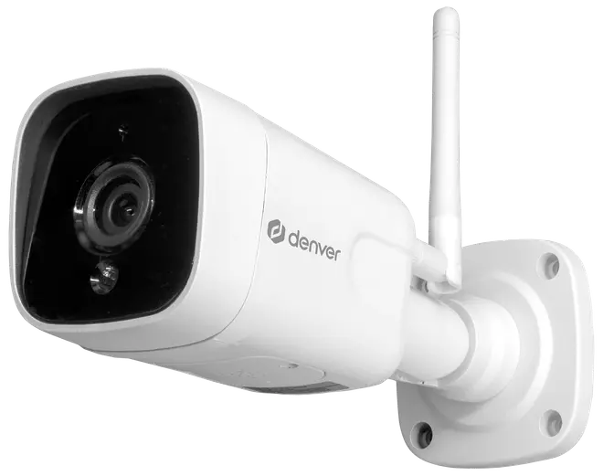 Vit Denver utomhus säkerhetskamera med väggfäste, antenn för trådlös anslutning och vädertåligt hölje. Tydlig lins för videobevakning och mörkerseende.