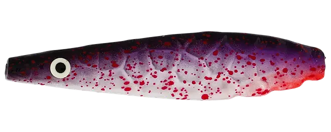 Fiskformet lokkemad med mørklilla ryg, hvid krop, røde prikker og støbt øje, som en blød plastik fiskelignende agn.