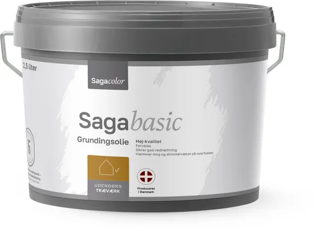 2,5 liters spand Sagacolor Sagabasic grundingsolie til udendørs træværk, gråt låg og hank, mærket med høj kvalitet, god vedhæftning og skimmelsvampbeskyttelse. Produceret i Danmark.