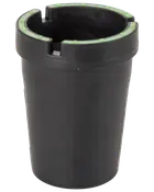 Sort askebæger i plastik til bilen med aftageligt låg, grønne detaljer og riller til cigaretter. Passer i bilens kopholder for nem brug og rengøring.