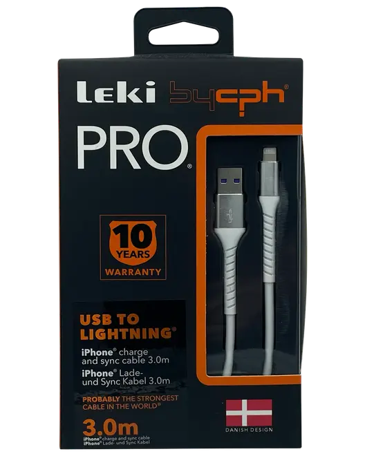 Leki bycph PRO USB til Lightning-kabel, 3,0 meter, hvid, til iPhone opladning og synkronisering. Holdbart design, 10 års garanti, dansk design, synligt i emballagen.