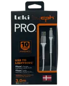 Leki bycph PRO USB til Lightning-kabel, 3,0 meter, hvid, til iPhone opladning og synkronisering. Holdbart design, 10 års garanti, dansk design, synligt i emballagen.