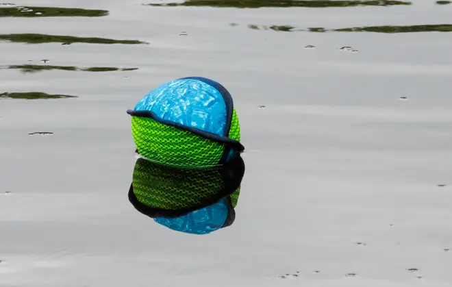 Flytande hundleksaksboll med blå och grön texturerad yta, designad för vattenlek. Hållbar, lätt att se och perfekt för apportlekar i vatten.