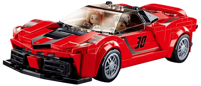 Rød LEGO-lignende sportsvogn med sort frontsplitter, nummer 30 på siden, gennemsigtig forrude og to minifigurer indeni.
