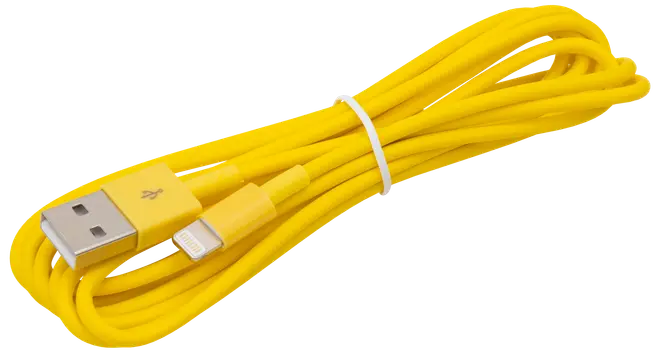 Klargul USB till Lightning-laddningskabel, cirka en meter lång, med platt design och slitstark isolering. Passar för laddning och dataöverföring till kompatibla enheter.