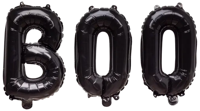 Sæt med tre sorte folieballoner, der staver "BOO" med store, skinnende bogstaver. Perfekt til Halloween eller temafester. Ballonerne har metallisk finish og selvforseglende ventil.