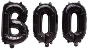 Sæt med tre sorte folieballoner, der staver "BOO" med store, skinnende bogstaver. Perfekt til Halloween eller temafester. Ballonerne har metallisk finish og selvforseglende ventil.