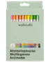 Sæt med 18 akrylmarkere i forskellige farver, pakket i en lysegrøn æske med vindue, der viser tuscherne. Velegnet til kunst- og hobbyprojekter.