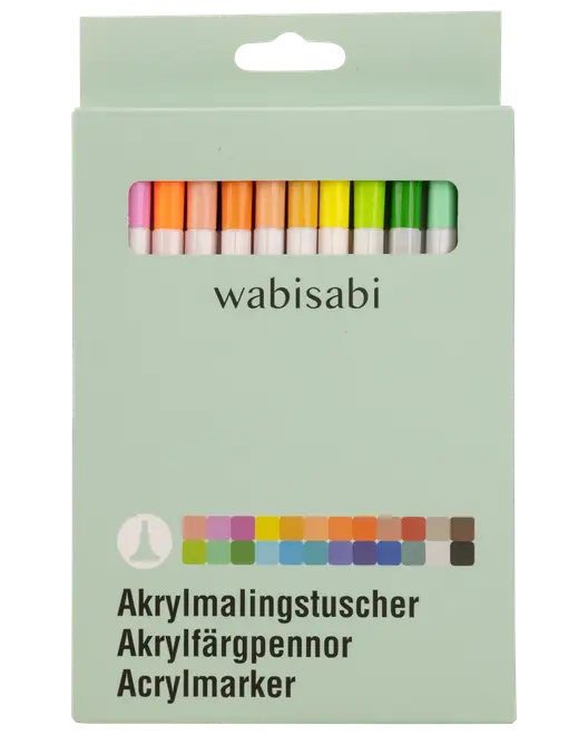 Sæt med 18 akrylmarkere i forskellige farver, pakket i en lysegrøn æske med vindue, der viser tuscherne. Velegnet til kunst- og hobbyprojekter.