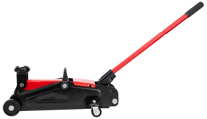 Robust hydraulisk donkraft med langt rødt håndtag, sort og rød stålkrop samt drejelige hjul. Ideel til at løfte køretøjer ved vedligeholdelse eller reparation.