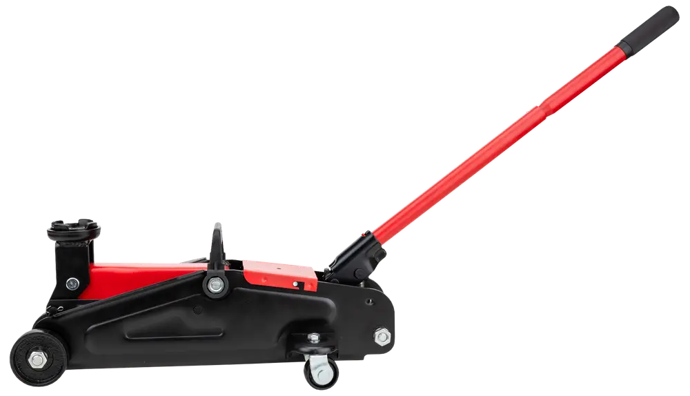 Robust hydraulisk donkraft med langt rødt håndtag, sort og rød stålkrop samt drejelige hjul. Ideel til at løfte køretøjer ved vedligeholdelse eller reparation.