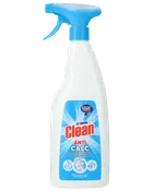 Hvid sprayflaske med blå trigger og etiketten At Home Clean Anti Calc kalkfjerner.