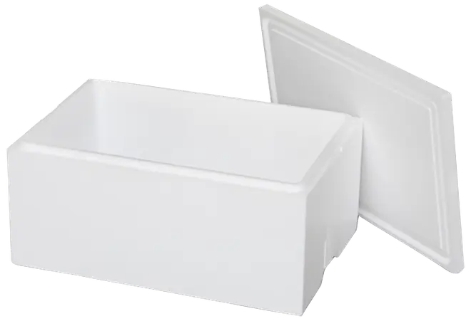 Rektangulær hvid flamingokasse med aftageligt låg, designet til isolering og nedkøling af varer. Letvægts og velegnet til transport af mad, drikke eller letfordærvelige varer.