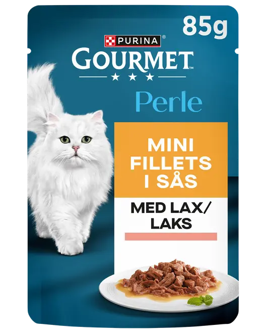 Purina Gourmet Perle kattmatspåse, 85g, mini filéer i sås med lax. Blå förpackning med vit katt och en tallrik med mat.