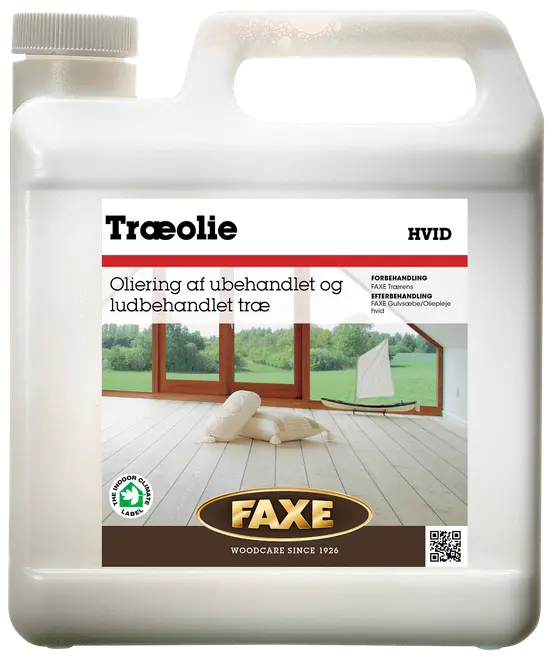 FAXE hvid træolie i plastdunk, egnet til ubehandlet og ludbehandlet trægulv. Med håndtag og skruelåg for nem dosering. Indeklima-mærket.