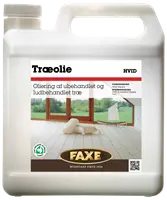 Faxe Træolie Natur i 2,5-liters plastdunk, egnet til ubehandlet og ludbehandlet trægulv. Med skruelåg og bærehåndtag for nem påføring og opbevaring.