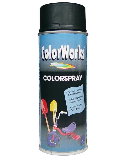 ColorWorks Colorspray spraymaling med sort låg, egnet til indendørs og udendørs brug, hurtigtørrende, vist med farverig trehjulet cykel og skovle på etiketten.