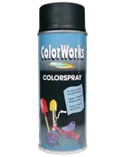 ColorWorks Colorspray spraymaling med sort låg, egnet til indendørs og udendørs brug, hurtigtørrende, vist med farverig trehjulet cykel og skovle på etiketten.