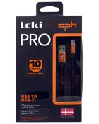 Leki bycph PRO USB til USB-C kabel, 1,0 m langt, sort med orange detaljer, til opladning og synkronisering, 10 års garanti, dansk design, stærk og holdbar.