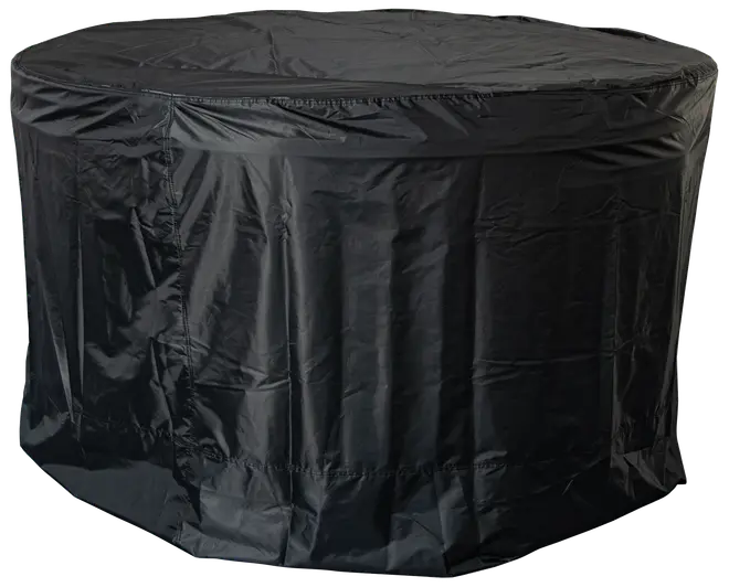 Rund sort vandtæt overtræk til udendørsmøbler eller grill, lavet af slidstærkt, vejrbestandigt materiale. Har forstærkede syninger og elastiske kanter for sikker pasform.