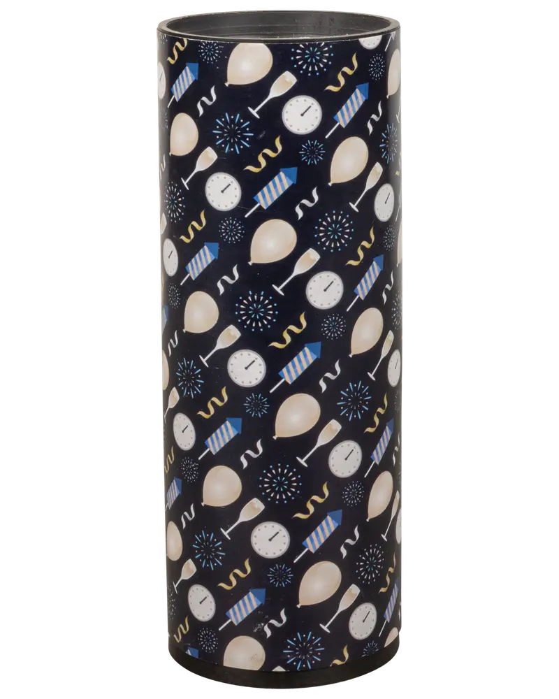 Hög cylindrisk termosmugg med nyårsmotiv: klockor, ballonger, partyhattar, konfetti och champagneglas på mörk bakgrund. Tillverkad i rostfritt stål, isolerad för drycker.