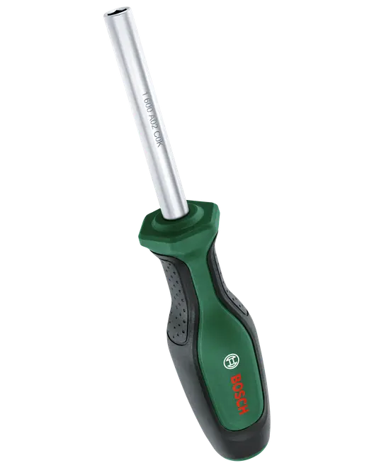Bosch skruetrækker med ergonomisk grøn og sort håndtag, tekstureret greb og sølv metal skaft. Ideel til komfortabel brug og holdbarhed ved forskellige opgaver.