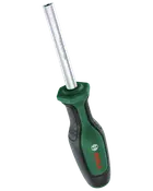 Bosch skruetrækker med ergonomisk grøn og sort håndtag, tekstureret greb og sølv metal skaft. Ideel til komfortabel brug og holdbarhed ved forskellige opgaver.