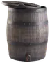 Regntønde med trælook, sorte bånd, aftageligt låg og tappehane i bunden. Tøndens form ligner en klassisk trætønde. Til udendørs brug.