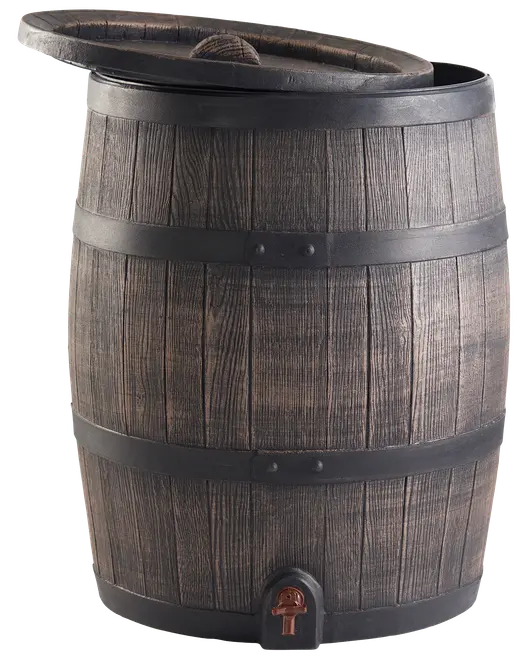 Regntønde med trælook, sorte bånd, aftageligt låg og tappehane i bunden. Tøndens form ligner en klassisk trætønde. Til udendørs brug.
